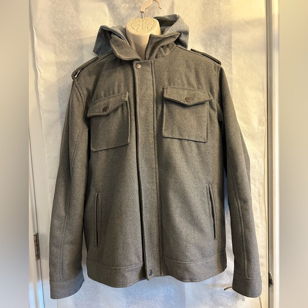 Carbon Mens Grey Hooded Full Zip & Button Closure Coat Jacket Sz-L.‎ WNTR